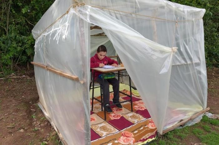 Sem internet em casa, família constrói tenda na lavoura para filho assistir às aulas online