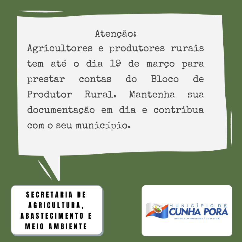 Secretaria de Agricultura de Cunha Porã alerta para regularização do Bloco de Produtor Rural