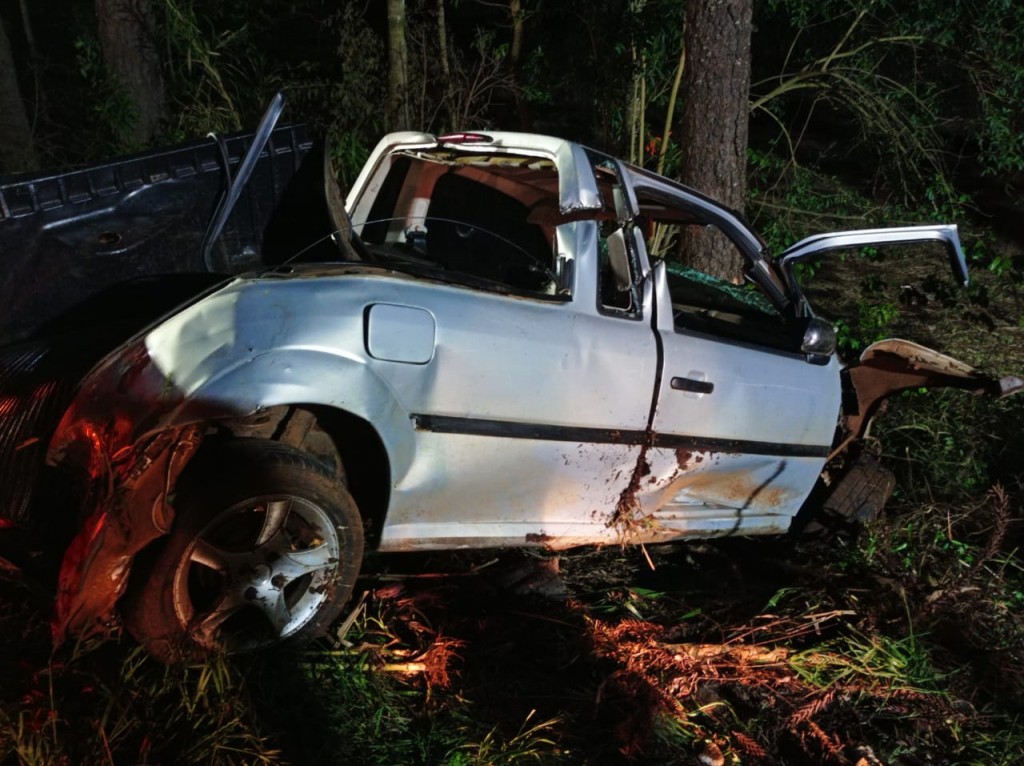 Carro fica destruído após atropelar animal e colidir em árvore em Descanso
