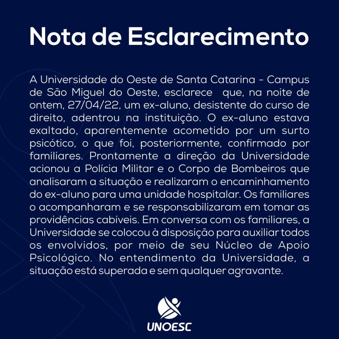 Universidade emite nota sobre ocorrência envolvendo PM e Bombeiros em São Miguel do Oeste