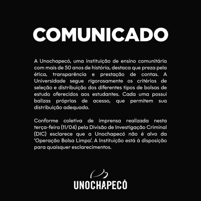 Unochapecó emite comunicado após uma universidade ser investigada em Chapecó