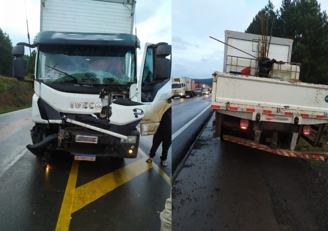 Colisão entre caminhões deixa uma vítima presa nas ferragens; caso aconteceu na BR-282 em Ponte Serrada