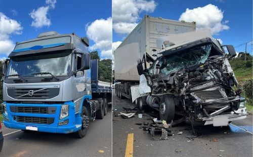 Cabine de carreta fica destruída após colisão traseira na BR-282 em Ponte Serrada