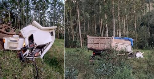 Motorista salta de caminhão antes de veículo cair em ribanceira em Saudades