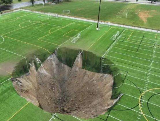 Cratera gigante se abre em campo de futebol