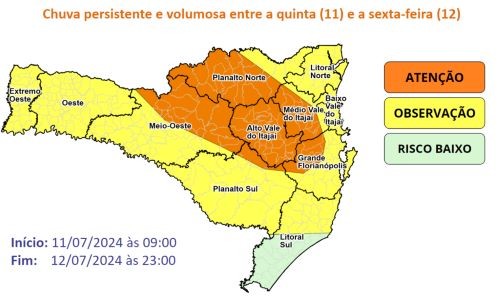 Quinta-feira começa com tempo encoberto e previsão de chuva intensa em Santa Catarina