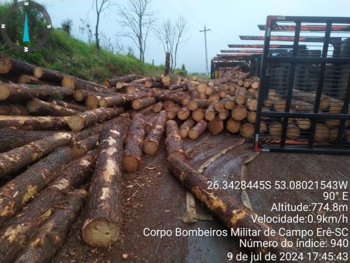 Bombeiros do Oeste de SC atendem tombamento de caminhão carregado de toras 