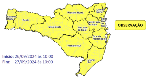 Defesa Civil alerta para chuva intensa, raios, rajadas de vento e granizo em SC