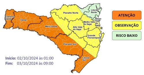 Defesa Civil alerta para risco de temporais e alagamentos nesta quarta-feira em SC