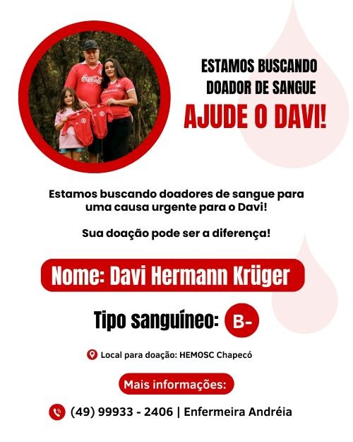 Pais de Davi Hermann Krüger pedem ajuda de doadores de sangue tipo B- para salvar o filho que nasceu prematuro com problemas respiratórios