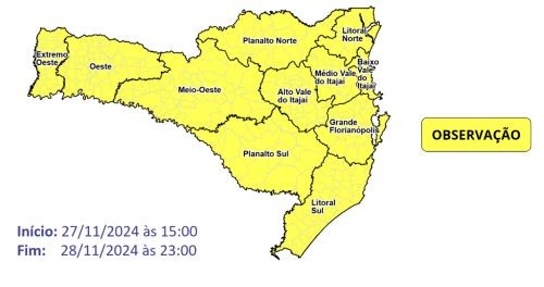 Defesa Civil alerta para temporais no Oeste catarinense entre quarta (27) e quinta-feira (28)