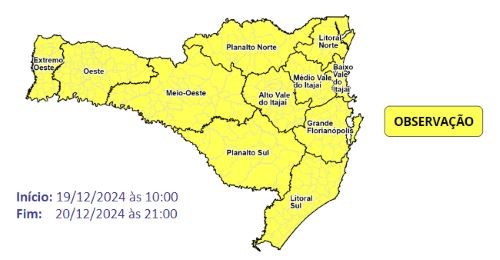 Defesa Civil alerta para temporais nesta quinta-feira (19) em SC