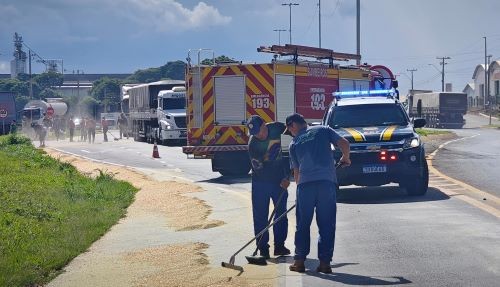 Trânsito fica bloqueado após caminhão derramar carga de milho na BR-282 em Pinhalzinho 
