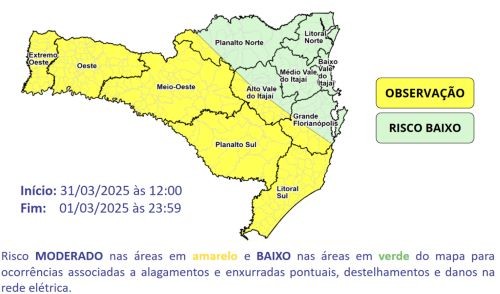 Frente fria traz instabilidade e risco de temporais para Santa Catarina no início desta semana