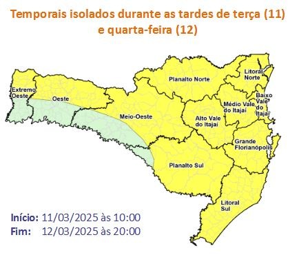 Oeste de SC terá tempo instável entre terça e quarta-feira
