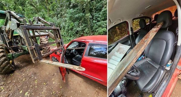 Grávida fica ferida em colisão entre carro e trator agrícola no interior do Oeste de SC