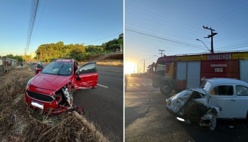 Condutor do Fusca se evade do local após colisão entre veículos no Bairro Colina Verde em Cunha Porã