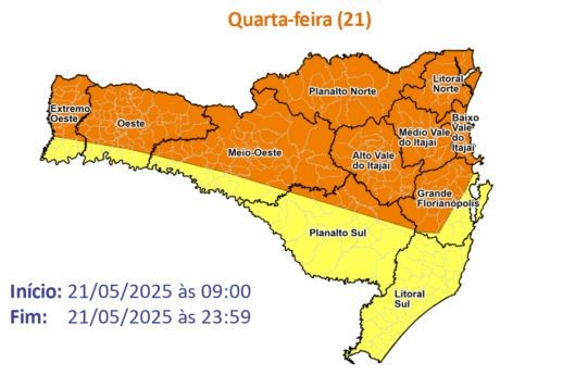 Frente fria provoca temporais e risco de alagamentos em Santa Catarina nesta quarta-feira (21)