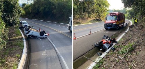 Carro capota após colisão com motocicleta na BR-282 no Oeste