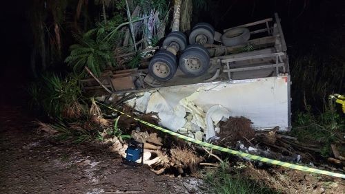 Caminhão carregado com carne capota na SC-155 na região Oeste