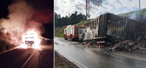 Caminhão fica completamente destruído após incêndio na SC-283 em Planalto Alegre