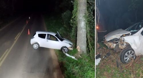 Motorista fica ferido após colidir carro contra árvore na SC-154 no Oeste