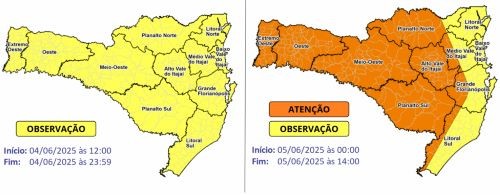 Frente fria avança por SC e traz risco de temporais entre quarta e quinta-feira