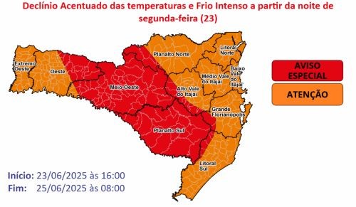Frente fria dá lugar a massa de ar polar com temperaturas negativas e risco de geada e neve em SC