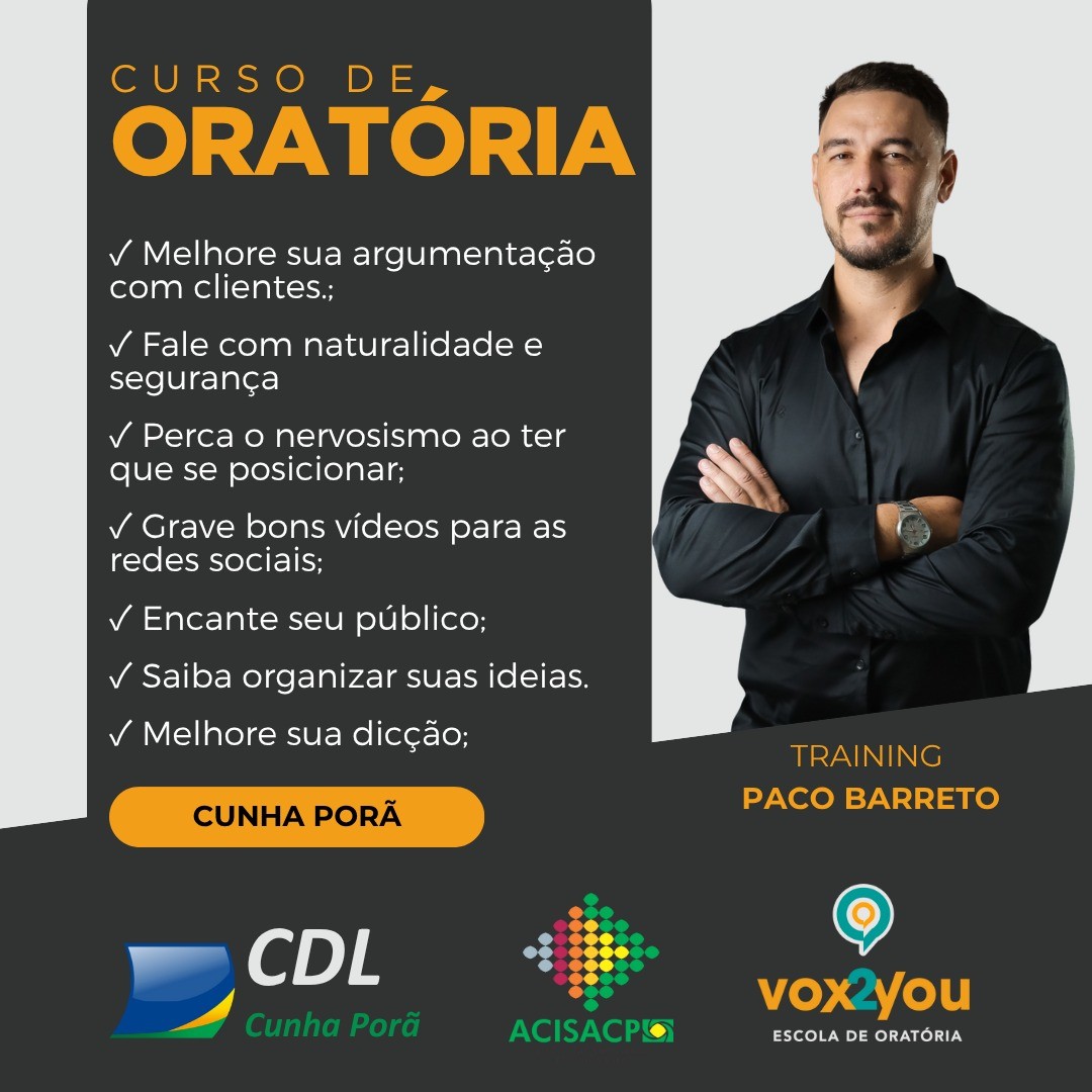 Curso de oratória será realizado em Cunha Porã nos dias 28, 29 e 30 de julho