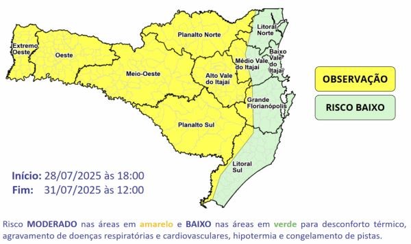 Massa de ar polar avança sobre SC e derruba temperaturas a partir de segunda-feira (28)