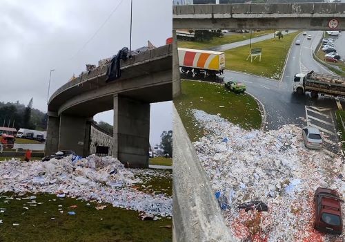 Carreta tomba em elevado na entrada de Chapecó e causa congestionamento quilométrico