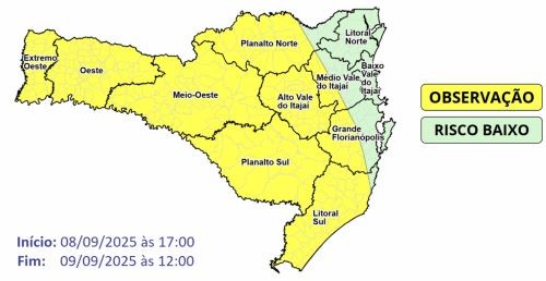 Frente fria deve trazer temporais e risco de alagamentos em SC
