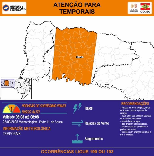 Segunda-feira (22) terá chuva intensa, queda brusca nas temperaturas e chegada da Primavera em SC