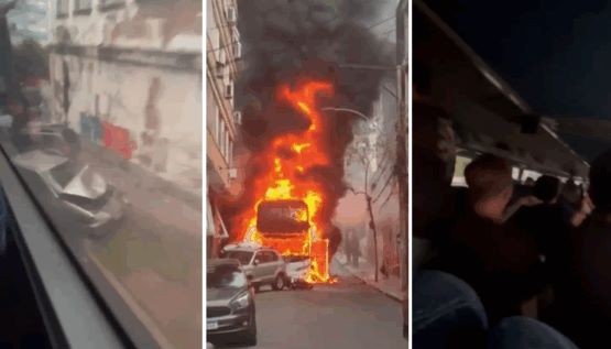Ônibus com 55 estudantes pega fogo em Porto Alegre após falha nos freios